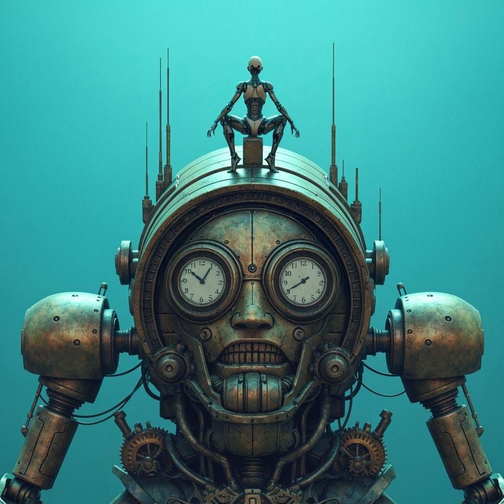 Close up of a solitary figure, a female robot, sits atop a colossal, ancient clockwork automaton in the style of Moebius. Facing the viewer....