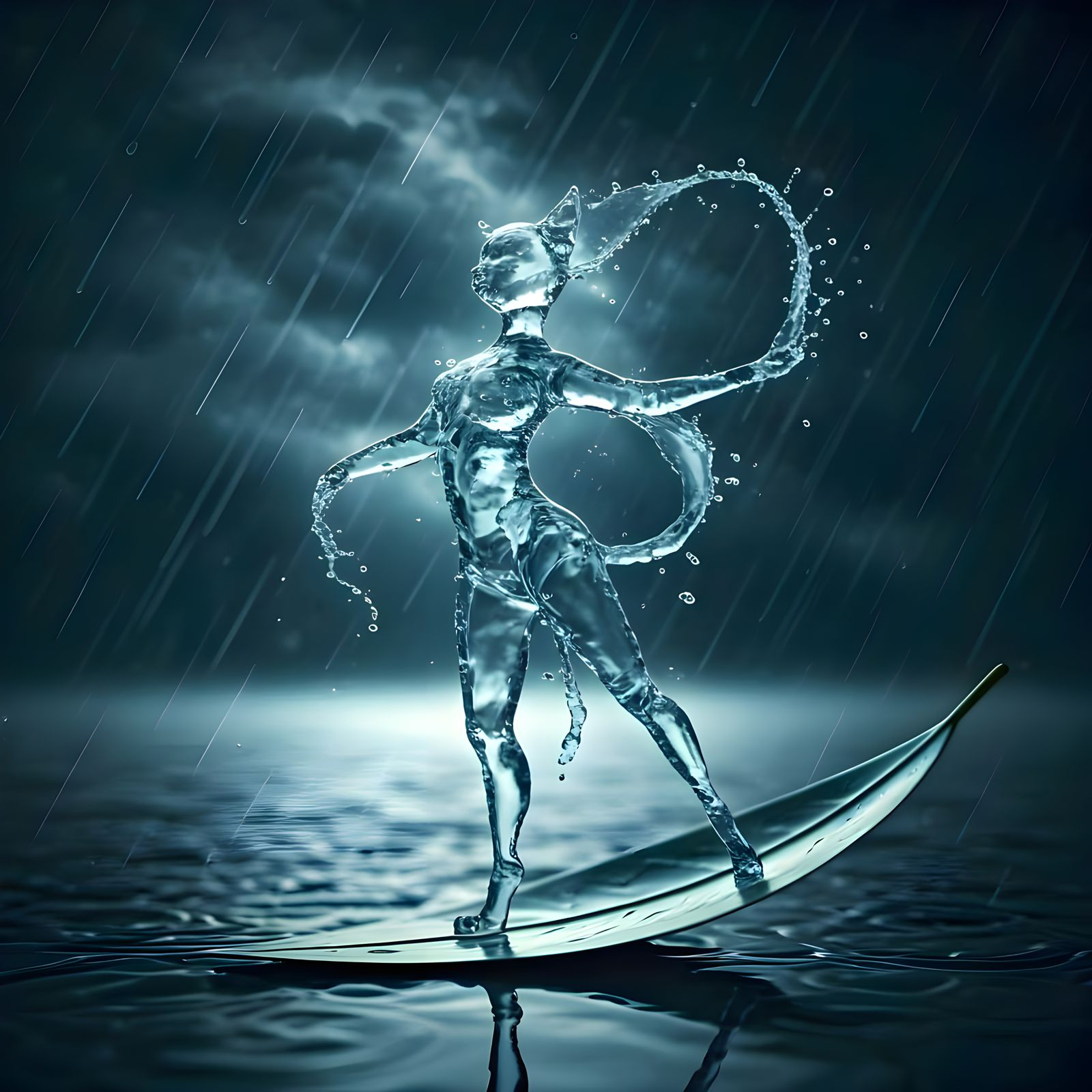 Female cat made of water dancing on a leaf in the rain.  by @Asian Women