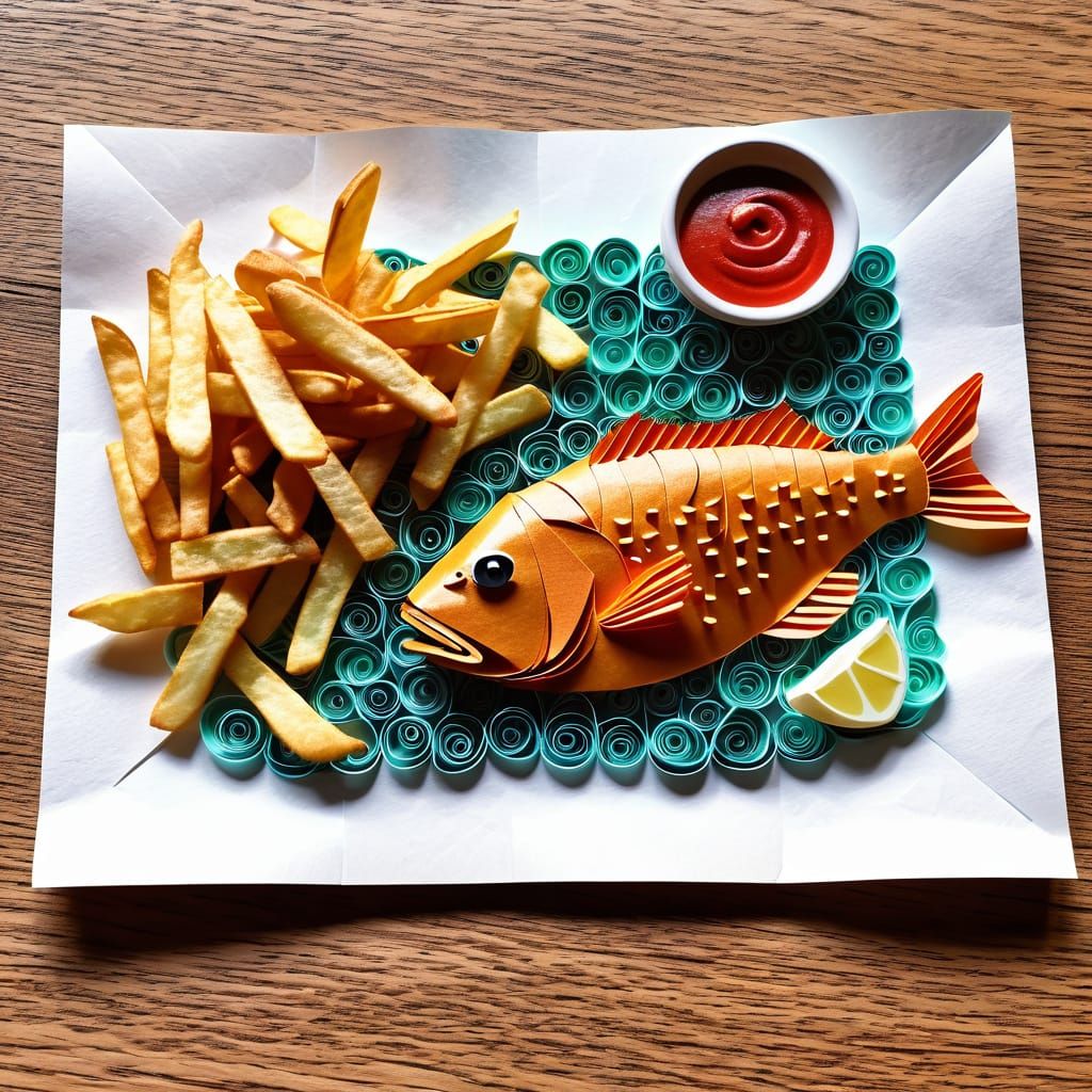 English fish and chips meal, served on paper, quilling, cut paper, origami, flourish  by @Andy Does AI