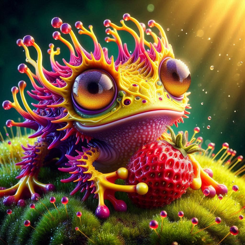 Murex frog-tortoise creature with big expressive eyes holds a berry. Its shell is made of many complex spines like antlers-branches filament...