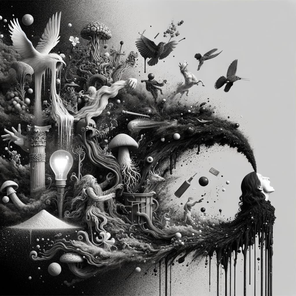 Surreal Black and White Painting Depicts Enchanted Woman and...