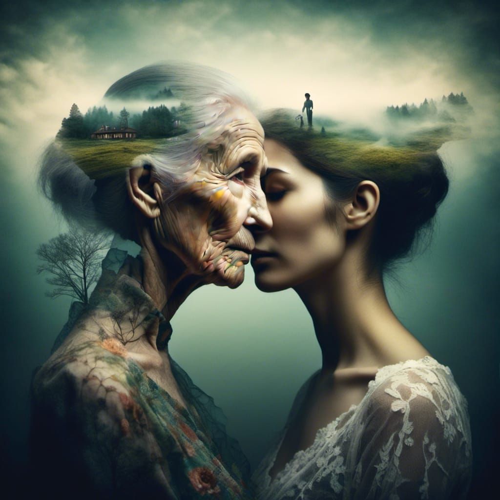 <lora:Memories:1.0> double exposure art, old man dreaming of young woman