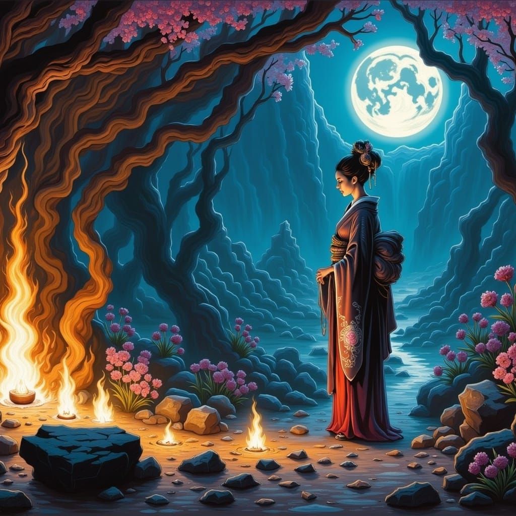  <lora:Cavernous Flux:1.0>Beautiful mournful Geisha by Junji Ito