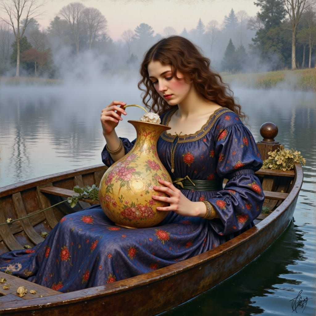 <lora:Wonderfulart:1.0>    Lady of Shallot parody the woman holding up a shallot in her hands in her boat on the lake in the style of john w...