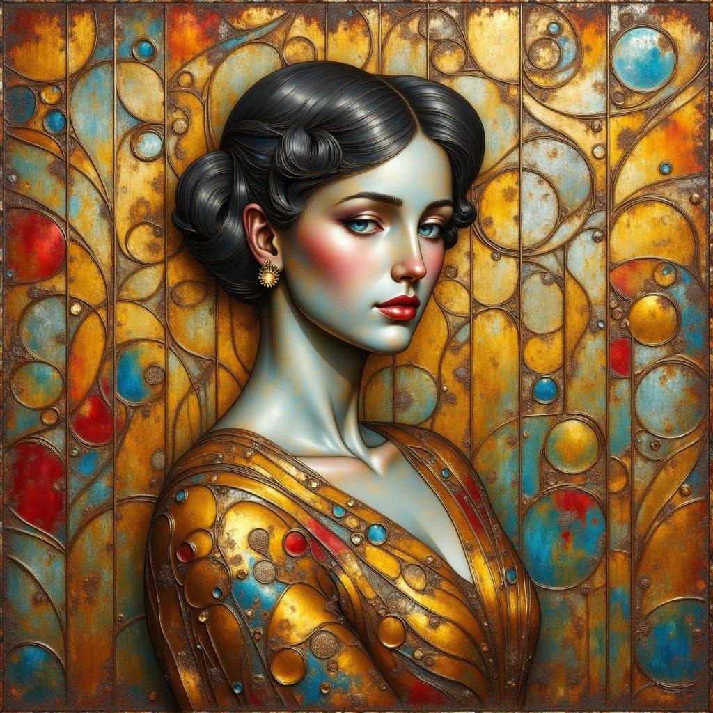 Autoportrait of Gustav Klimt in his signature Art Nouveau style—gold leaf ornaments, swirling patterns, mosaic-like details, and a refined c...