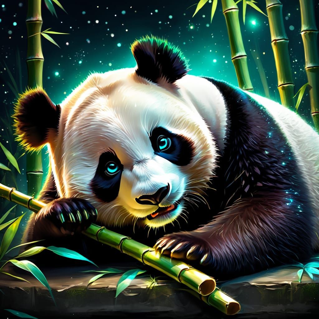 Panda Bear lying down eating some bamboo