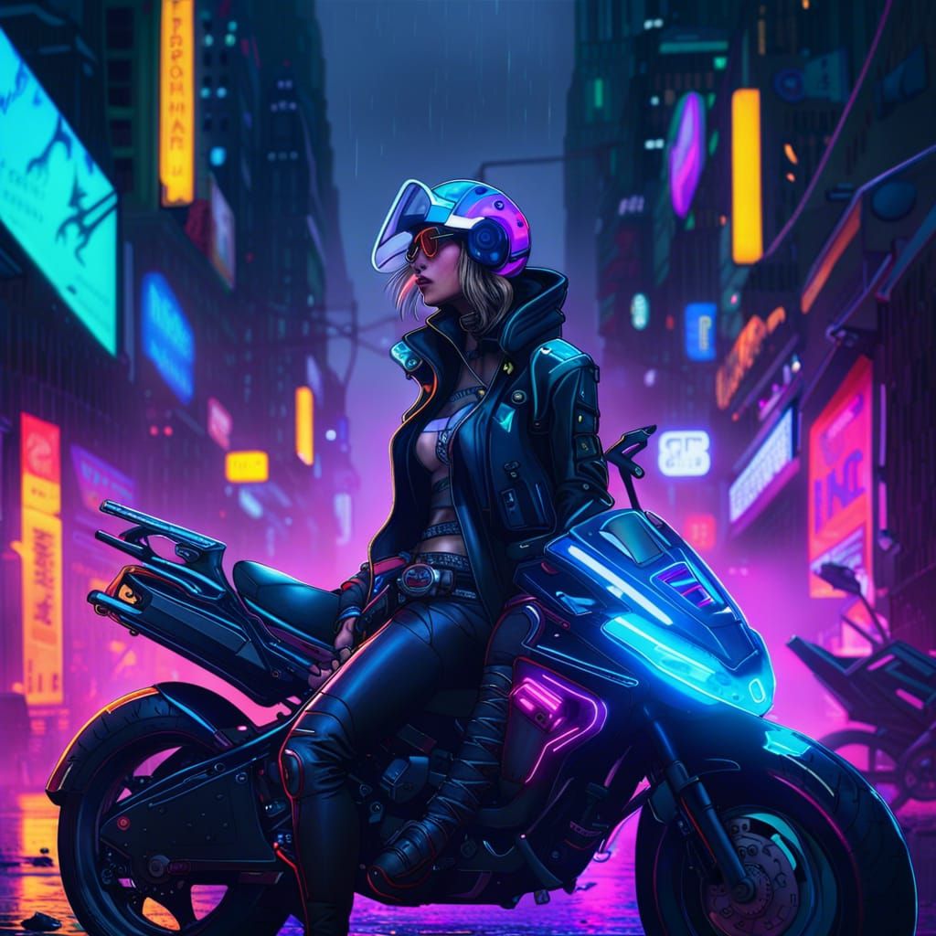 Cyberpunk woman on motorcycle - AI Generated Artwork - NightCafe Creator