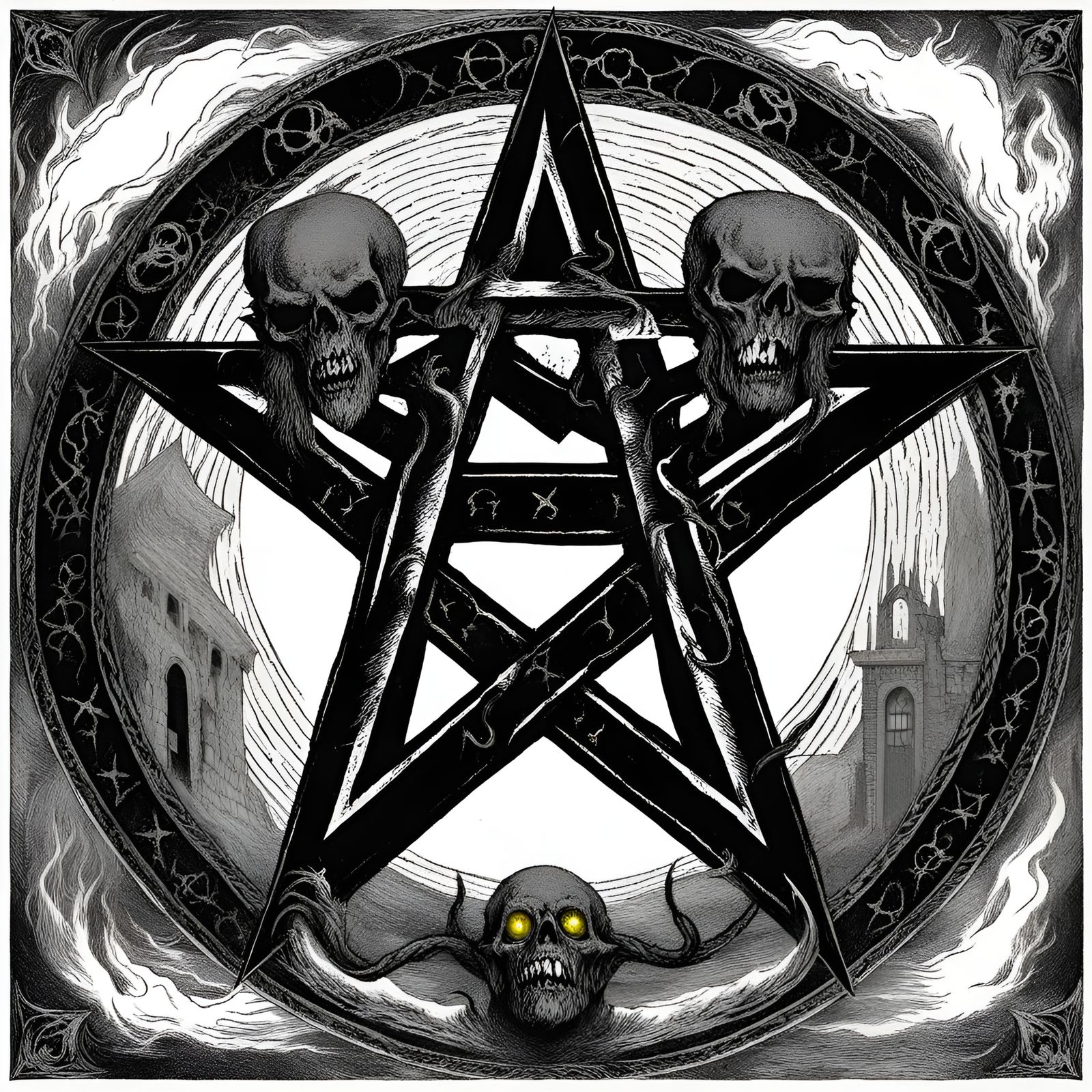 Necronomicon Satanism pentagram,in the style of Creepy Magaz...