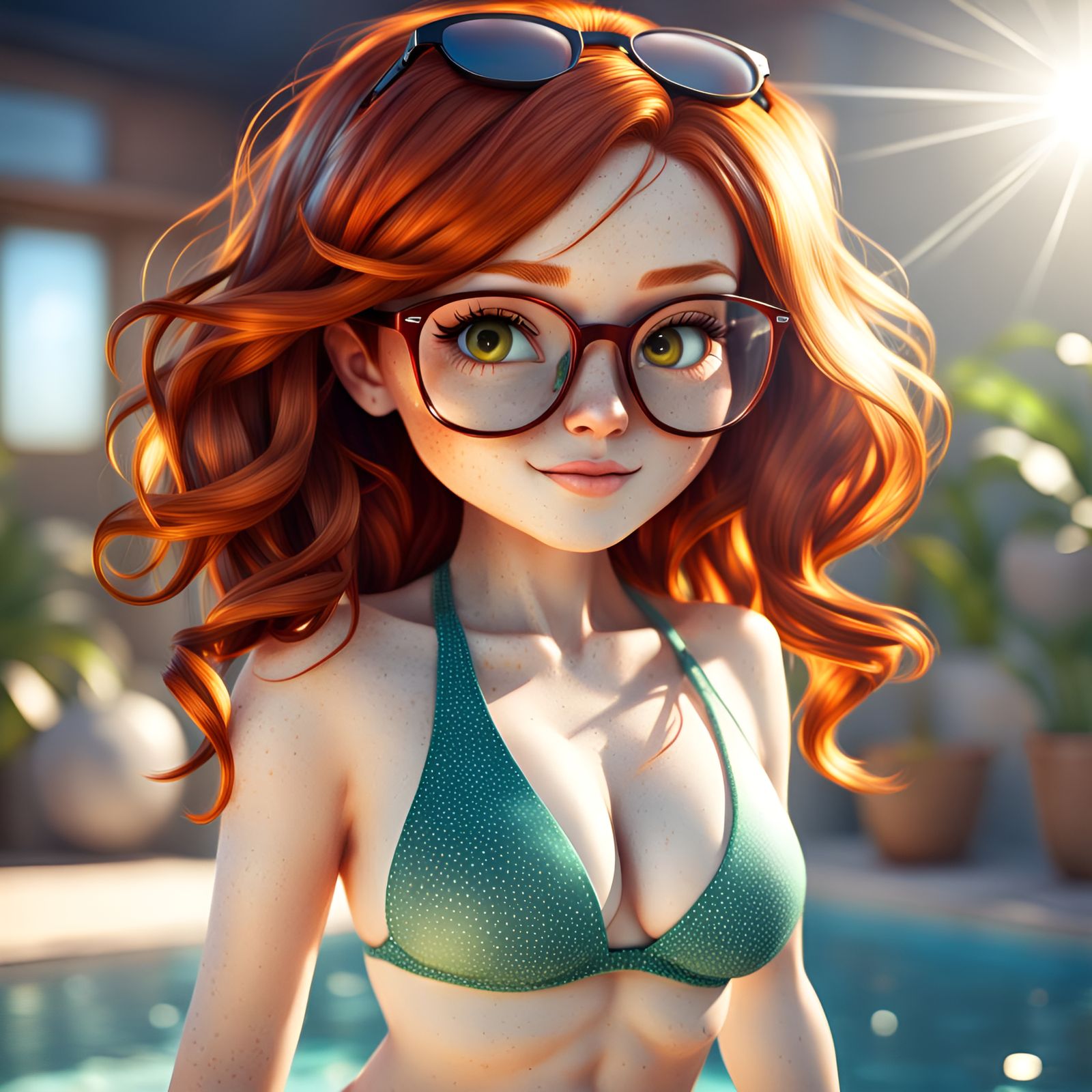 Hot Chibi Redhead cute girl in freckles and glasses wearing a bikini.  Photorealistic. hyperrealism volumetric lighting sunshine rays - AI  Generated Artwork - NightCafe Creator