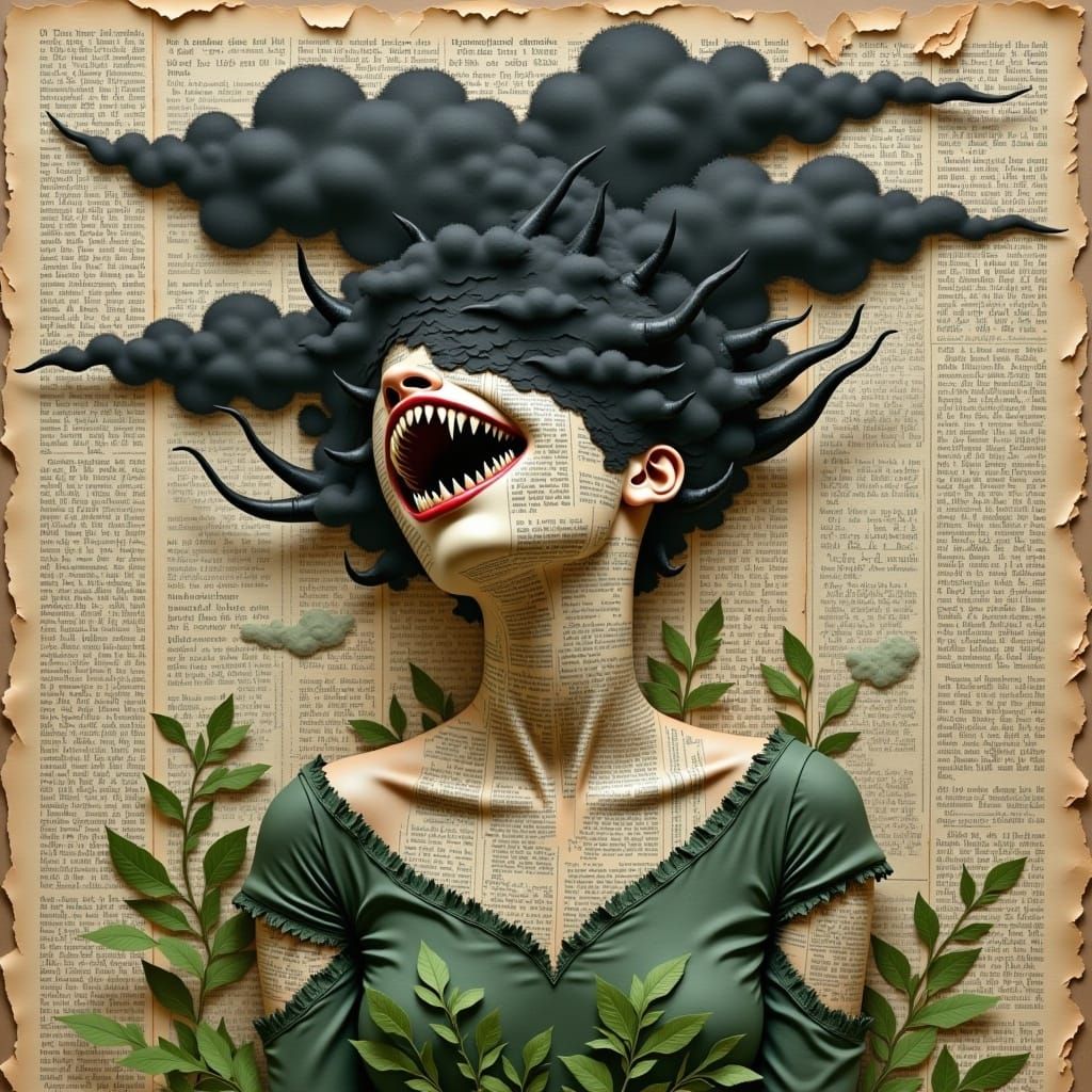 <lora:Mixed Media blending:1.0>An illustration of a creepy and horrifying creature with fangs and thorns is made entirely of blended vintage...