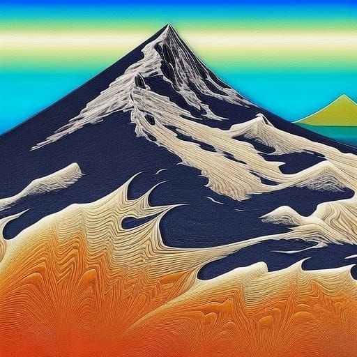 mountain with snow on top, fractal, japanese wood print, rom...