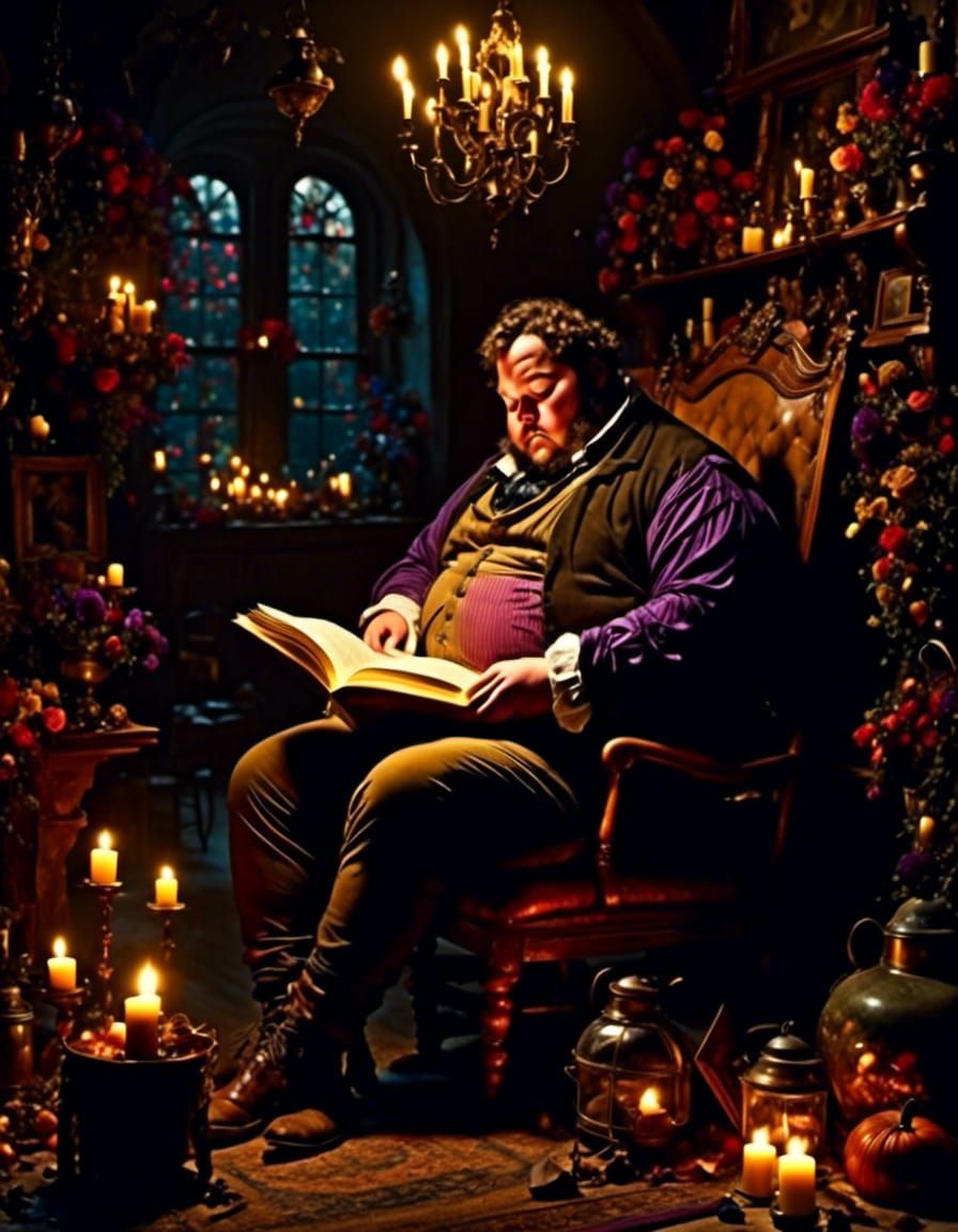 <lora:BigBeautifulBodies:1.0> man reading by candlelight