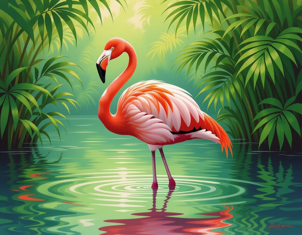 Realistic Flamingo in Vibrant Nature Oil Painting