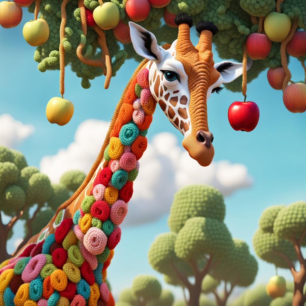 crocheted giraffe stretching her neck to eat a crochet apple from high up in a tree  by @Colour Me Susie