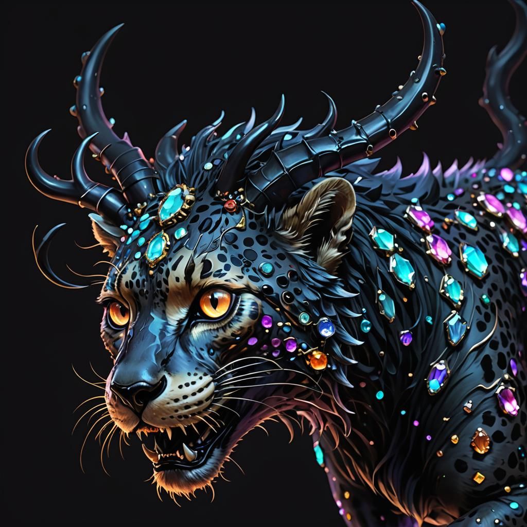Opalescent Jeweled Kawaii, black wild bucking Cheetah eldritch horror with antlers, needle-like teeth, demonic eyes, very dark nightmare fue...