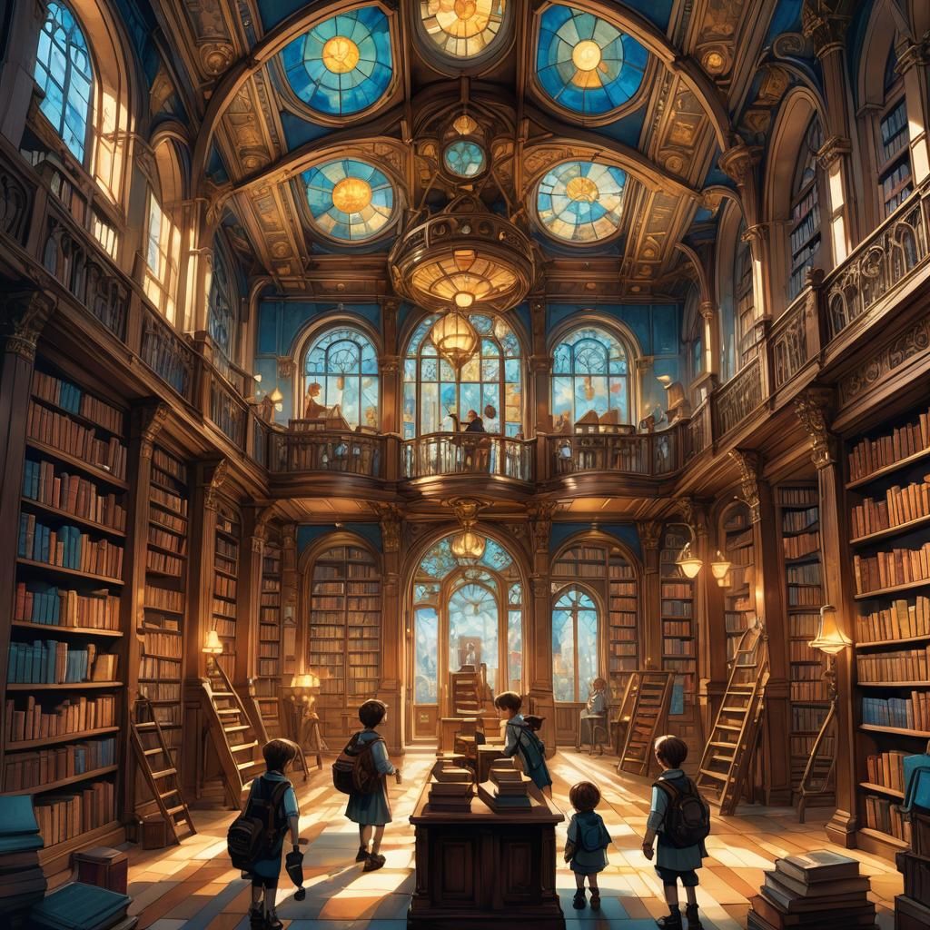 Children Explore a Magical Library in Art Nouveau Style