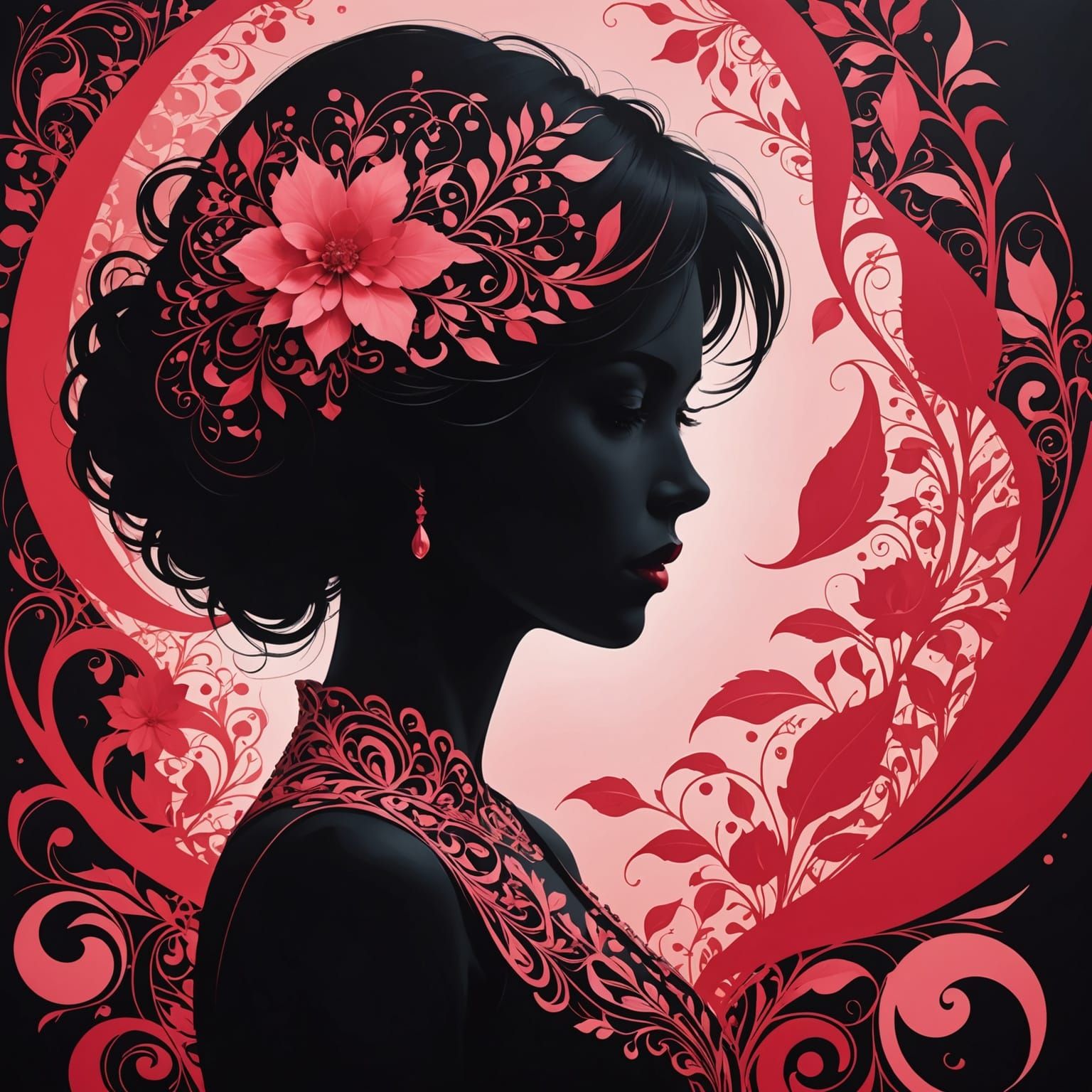 Abstract style, 8k, stunning intricate details, silhouette, woman, red - pink  by @Dubois