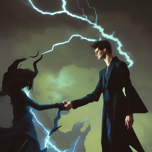 Making a deal with the devil, attractive male, lightning mage, tall, cute,  messy hair, black slim fit suit, supernatural, blue and black com... - AI  Generated Artwork - NightCafe Creator