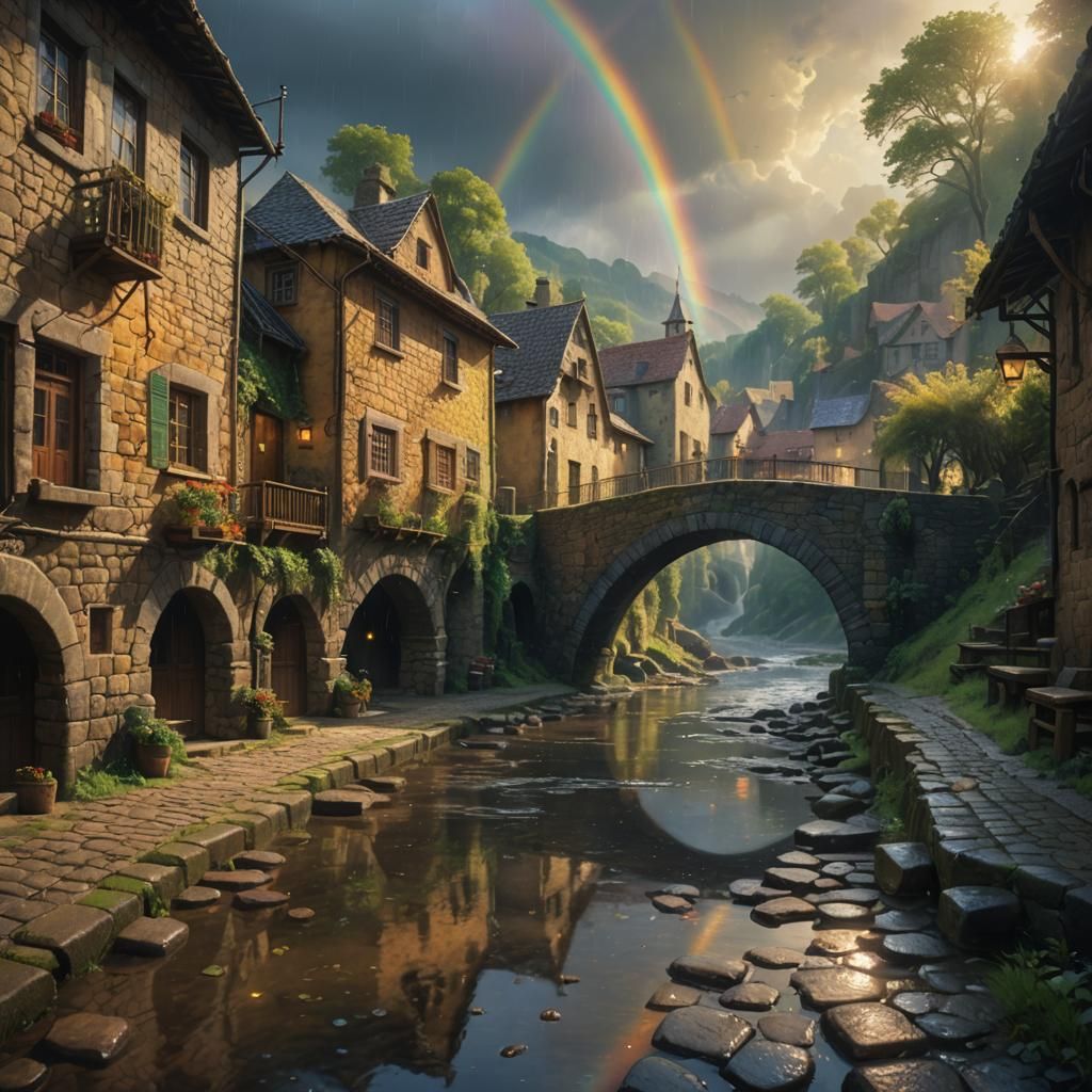 Rainy Village with Sunbeams: Matte Painting
