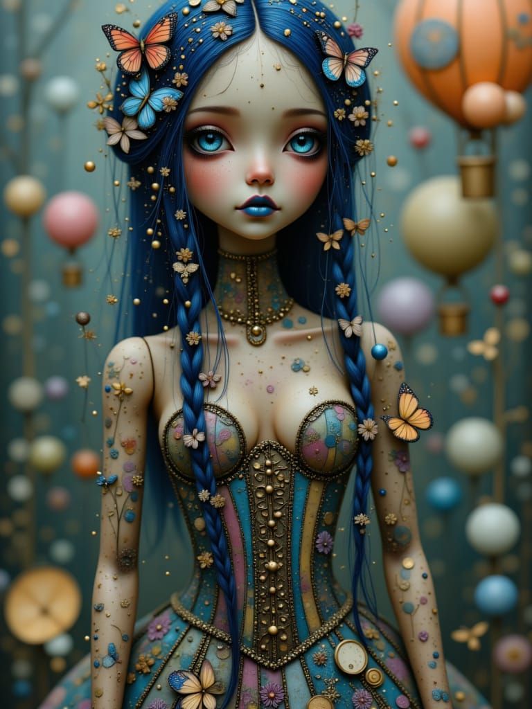 <lora:BlytheDoll:1.0> 

Mysterious woman with braided hair adorned with butterflies, multicolored striped corset dress, surreal carnival wit...