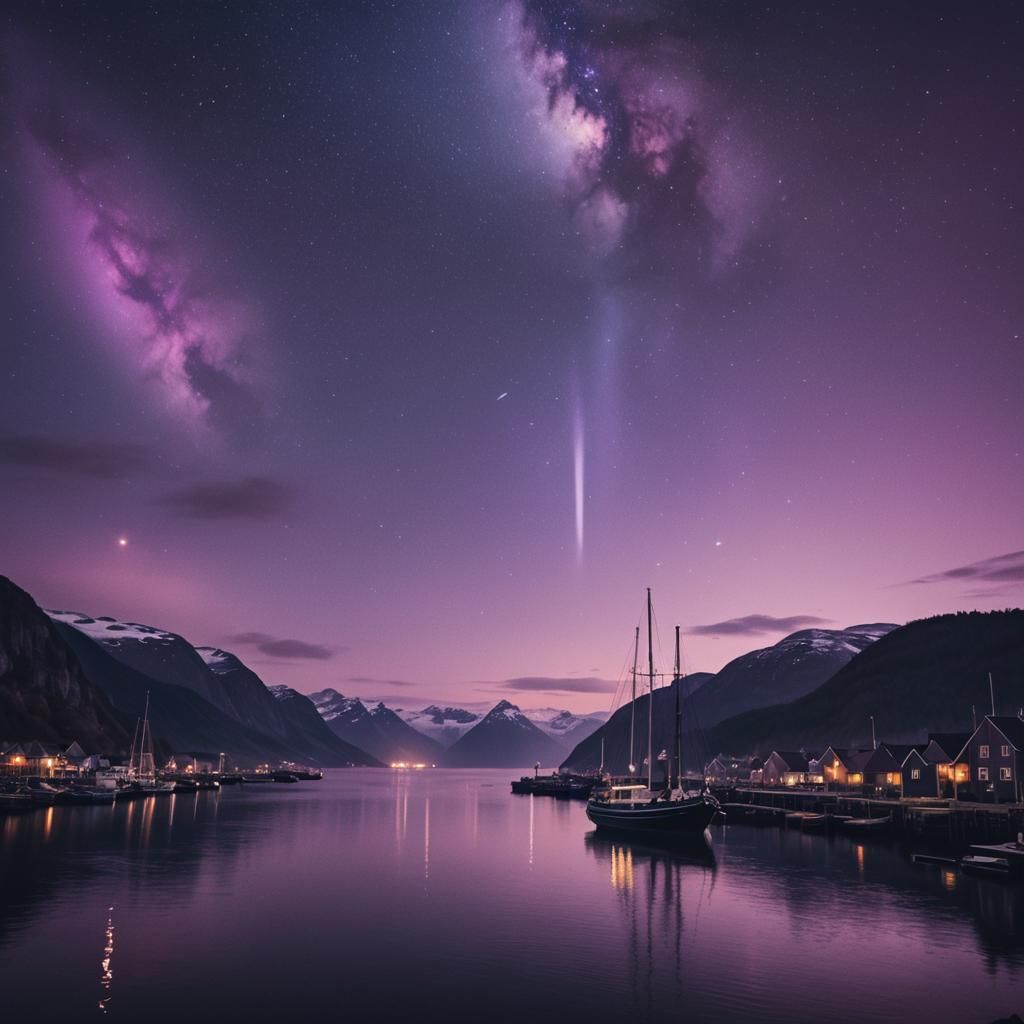 view from a fjord at the harbour, night, purple aurora in th...