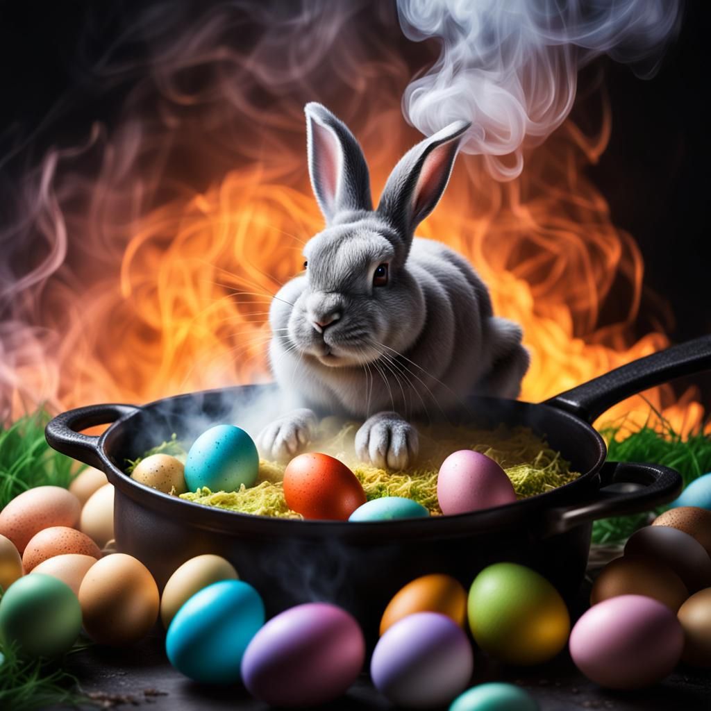 an Easter bunny rising from thick smoke stirs a pot of boiling, colored ...