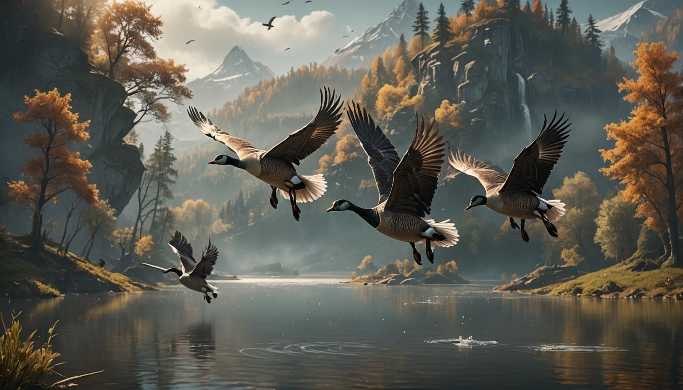 wild geese flying over a lake   by @rallyman