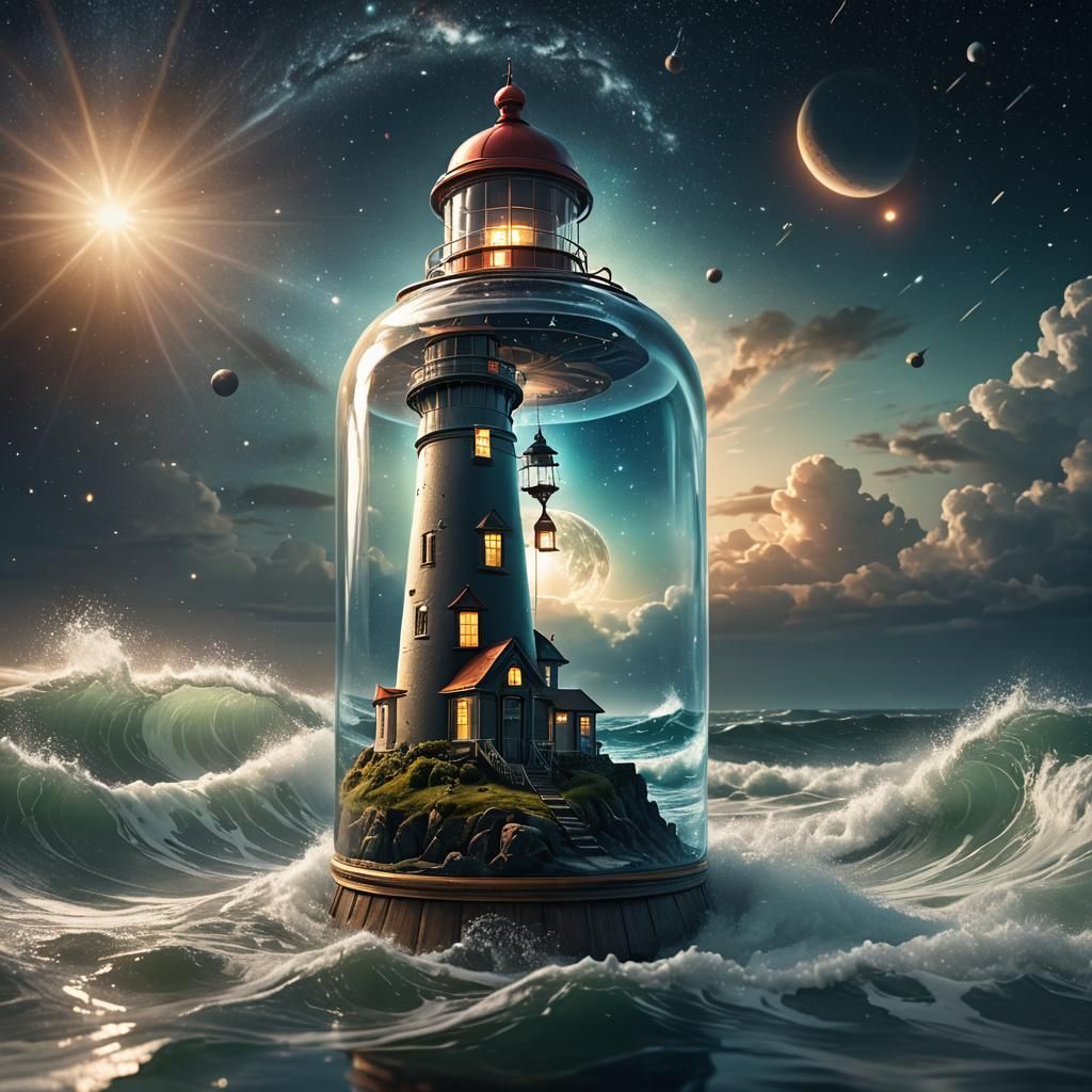 light house in a bottle in space with water
