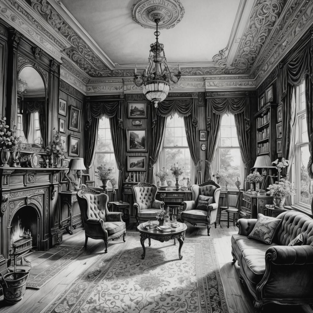 detailed pencil drawing of the interior of a victorian house...