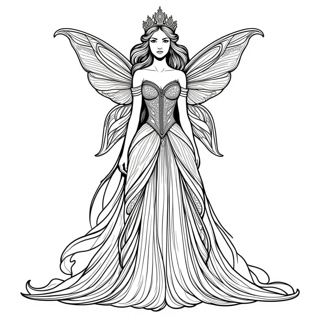 Fairy princess, black outlines, white background, sharp focust <lora:Coloring-Book-flux:1.0> 