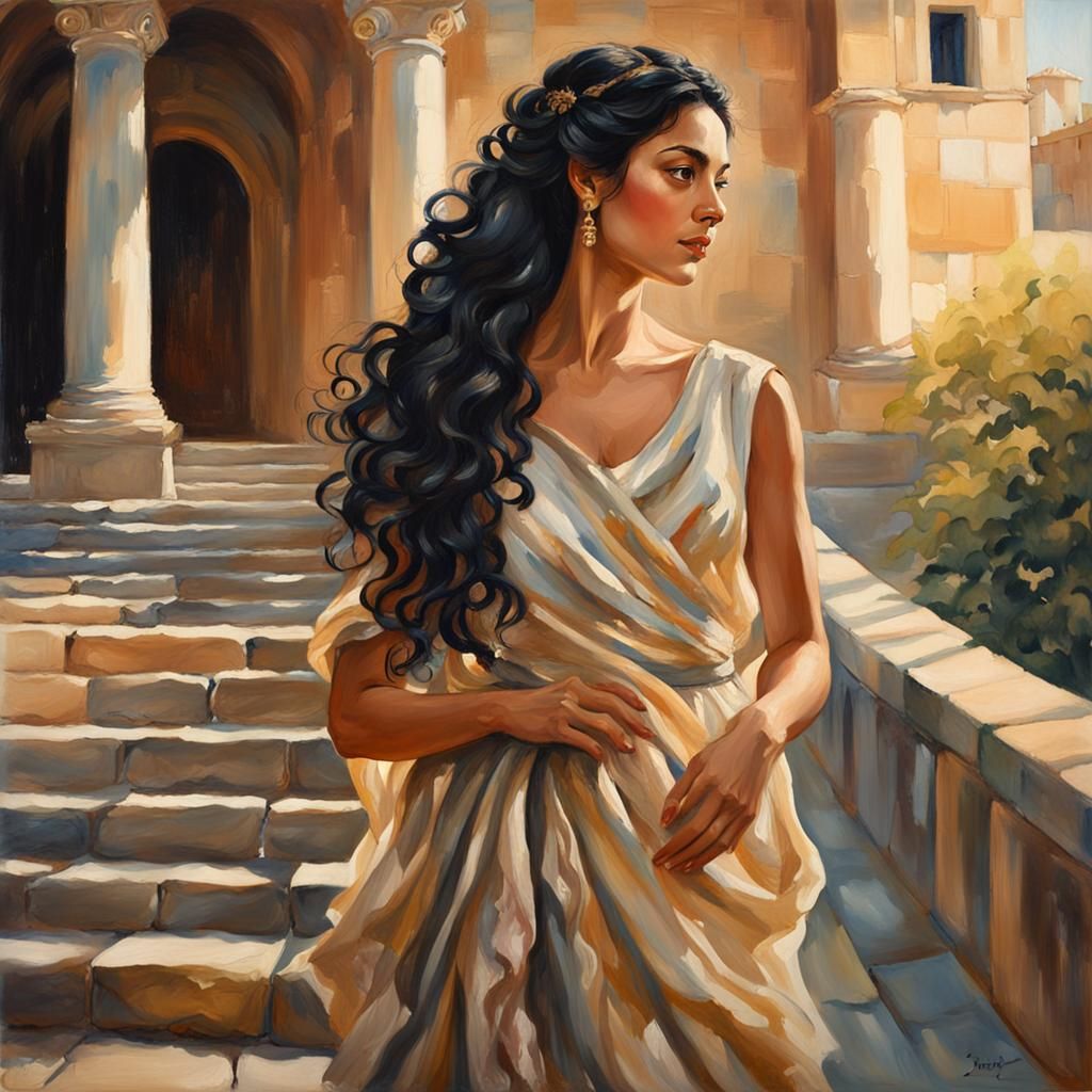 Beautiful Woman in Castle Courtyard as Oil Painting