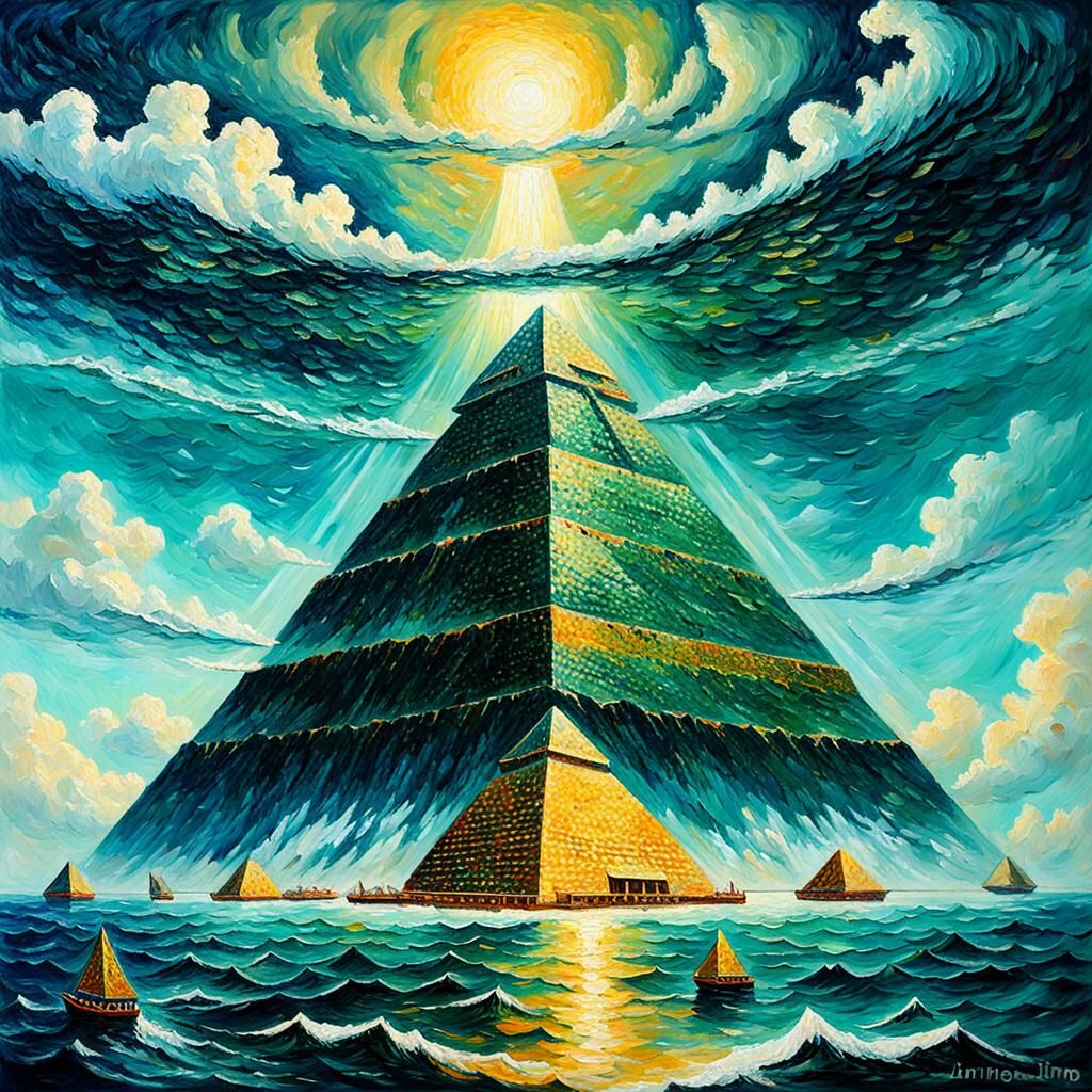 Jade Pyramid Floating in Prehistoric Realm: Expressionist Oi...