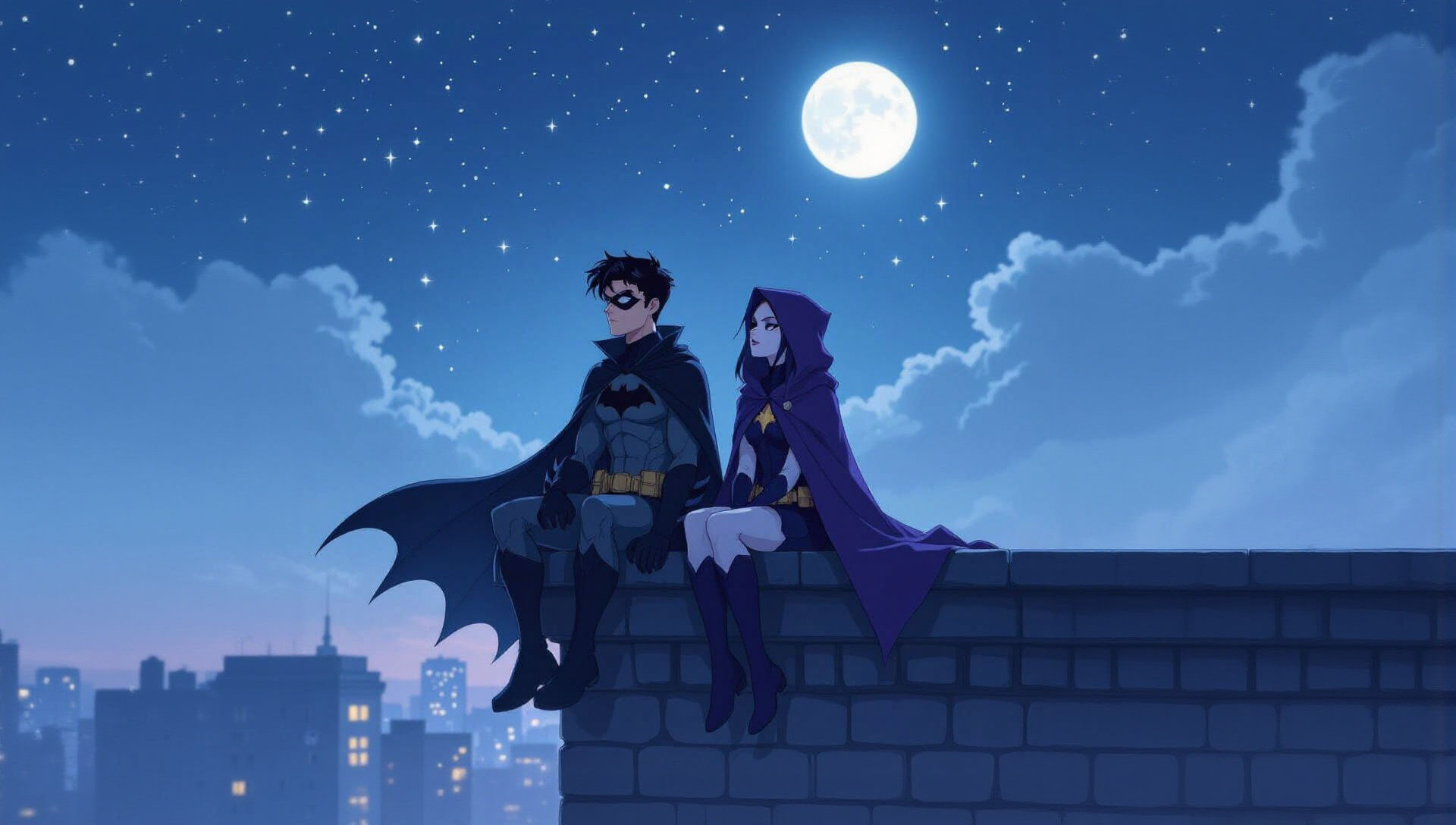 Make an image:
Scene: Damian Wayne (Robin) and Raven sit side by side on a rooftop edge under a calm, starry night sky.
The moonlight casts ...