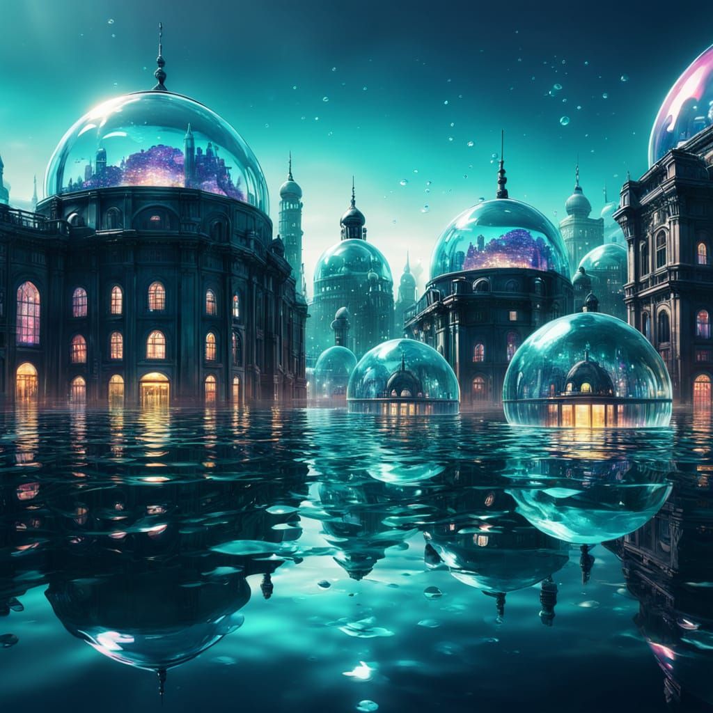 sott'acqua cupole di vetro per una città sommersa 8k resolution concept art deep color lyrical abstraction mixed media b...