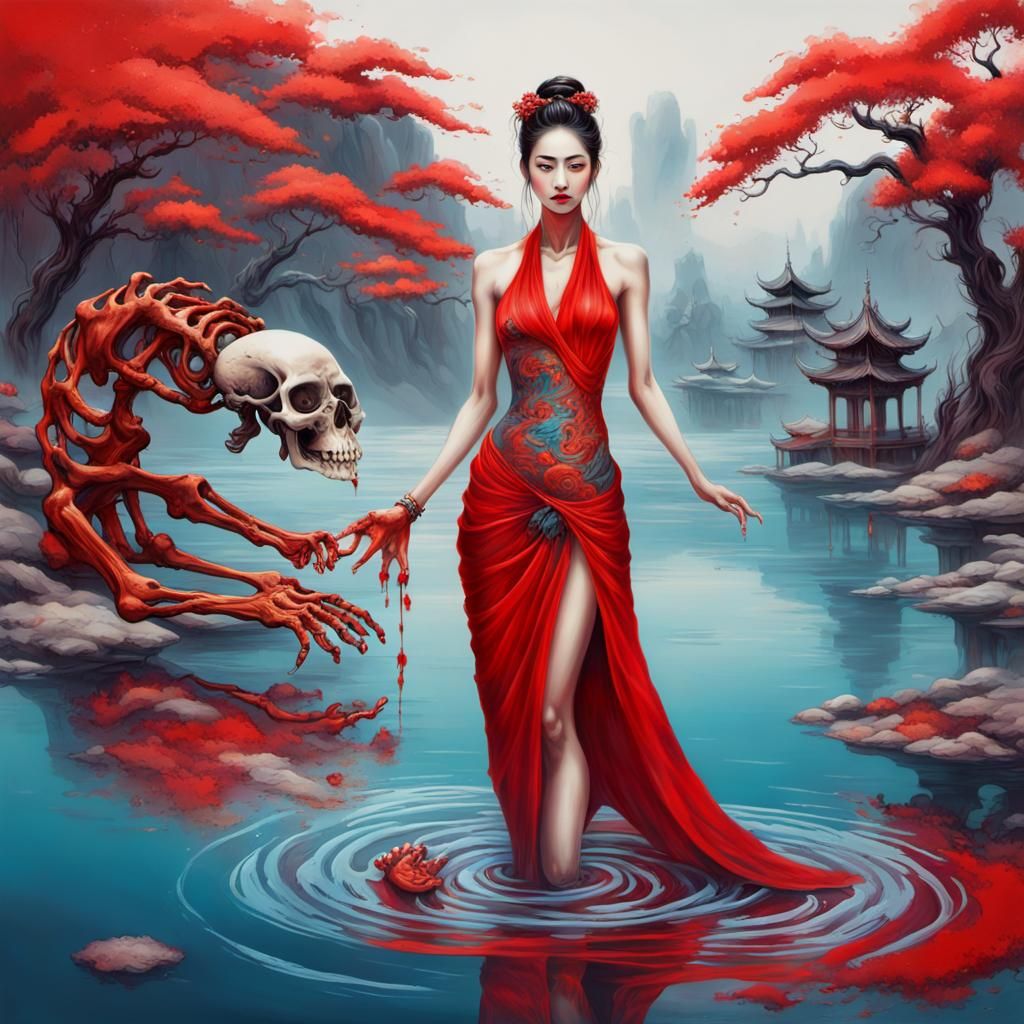 A surreal masterpiece, an oriental beauty with a cold expres...