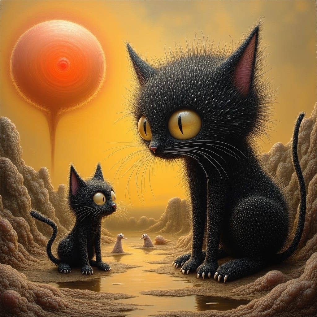 "An adorable whimsical abstract painting of two black cats. The larger cat stands upright with a striking, ...  by @froggyrockz 