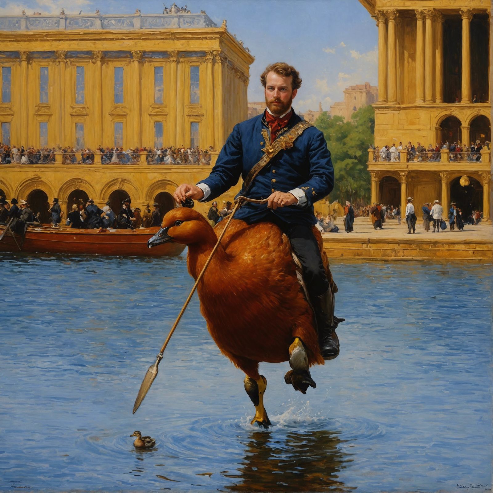 Upscaling my very first post: man riding a duck at the opera...