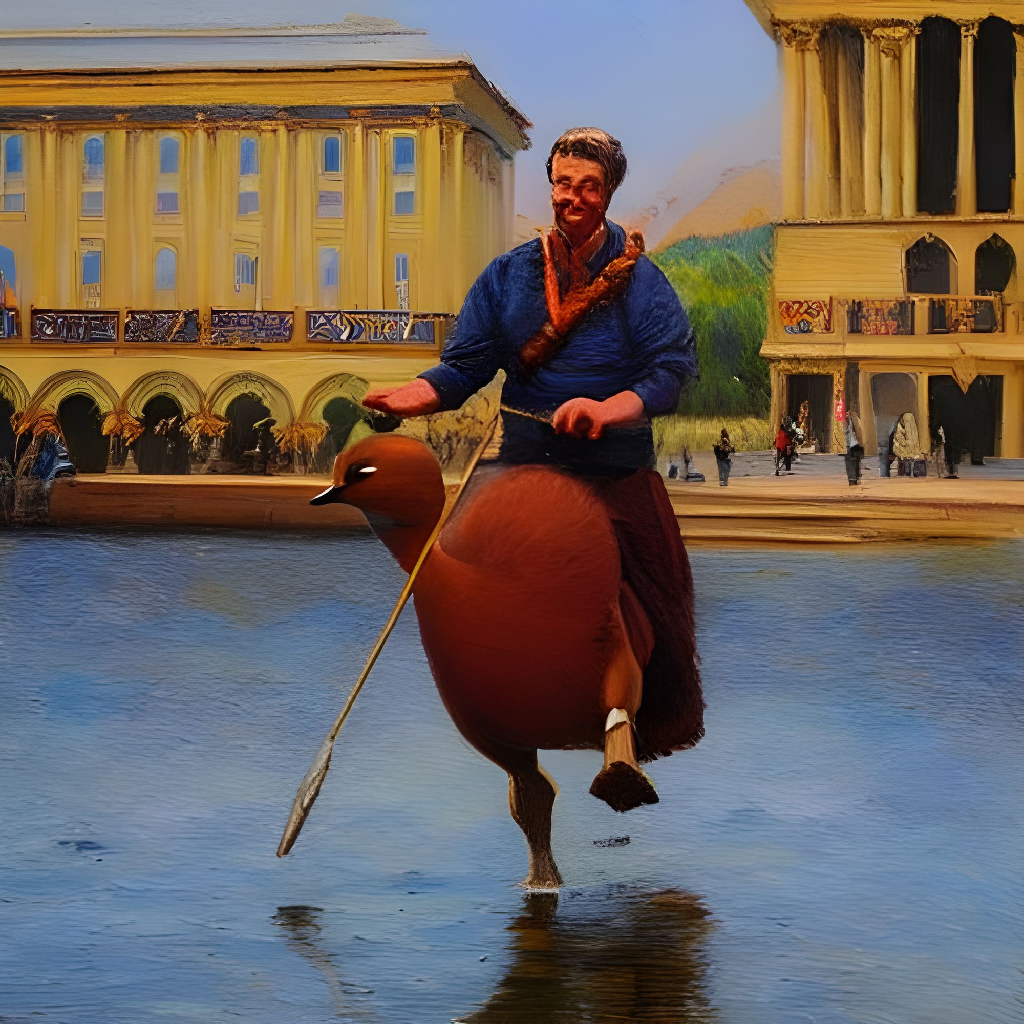 Upscaling my very first post: man riding a duck at the opera house