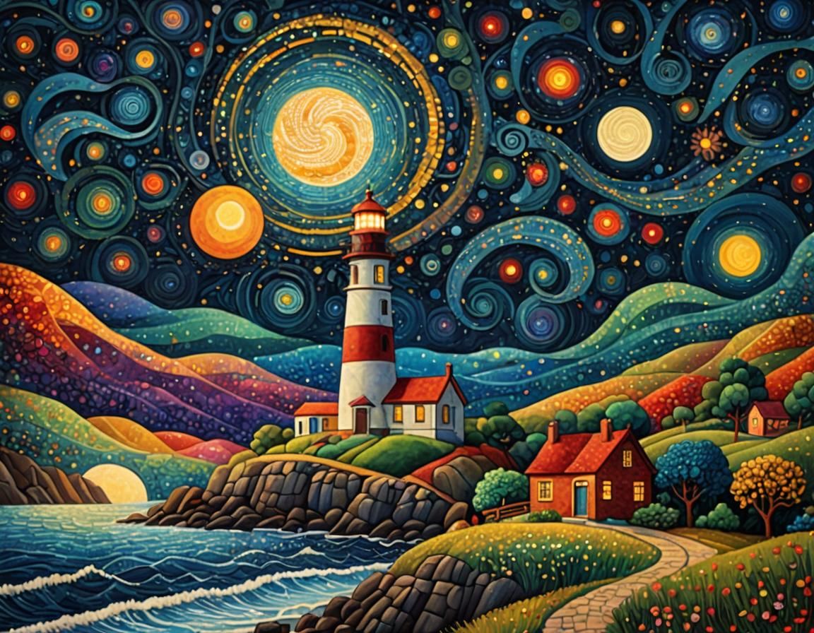 Quaint lighthouse on a hill by the sea