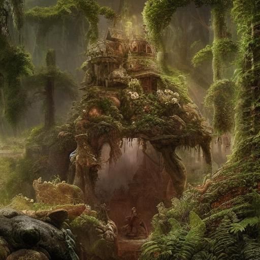 subject of a fairy village forest ferns, hyperrealism  by @CreatorOneAI
