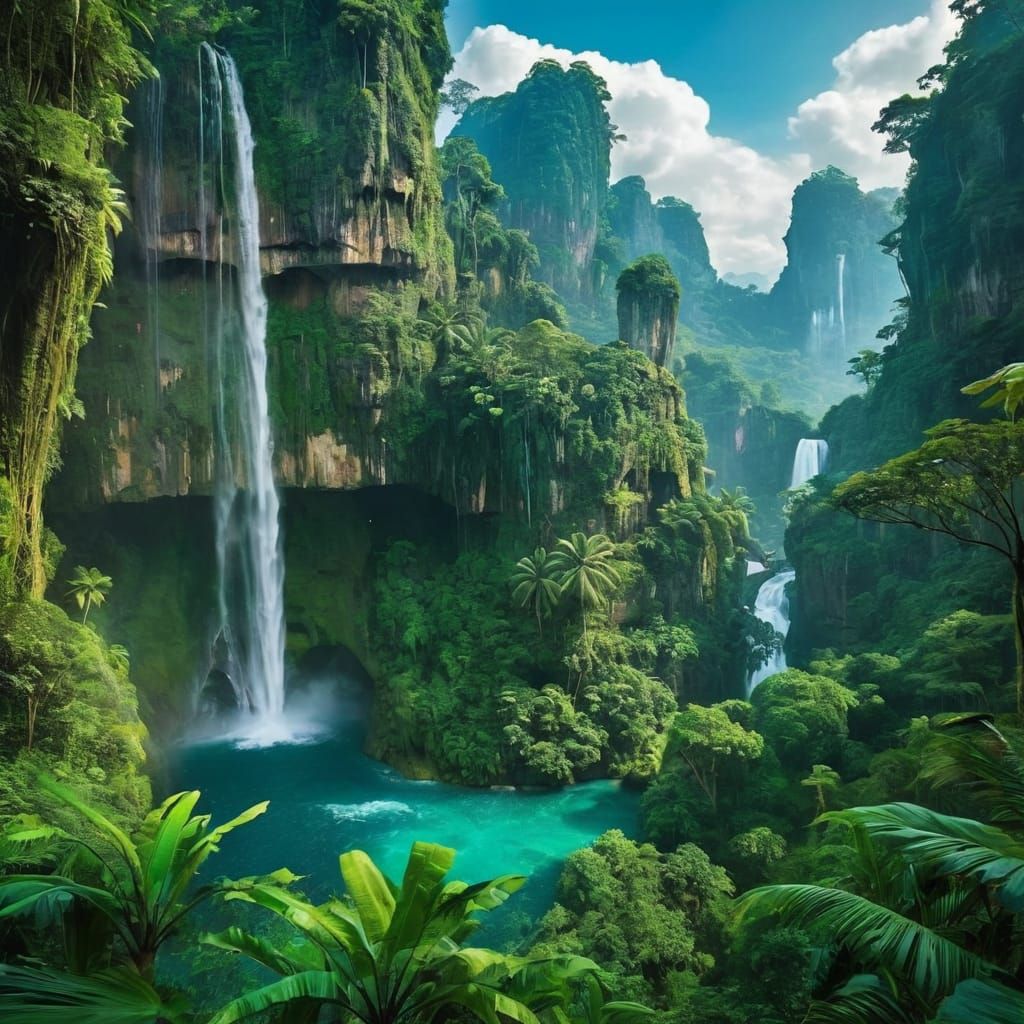 Lush jungle with waterfalls