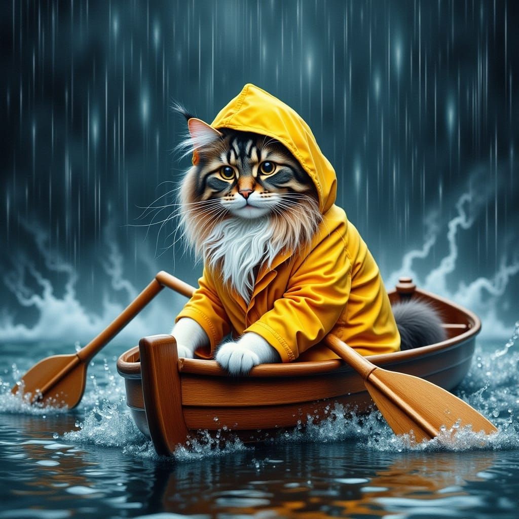 <lora:Langhaarige Katzen:1.0> a whimsical long haired cat, face to the viewer, wearing a raincoat, in a rowing boat at heavy rain with big w...