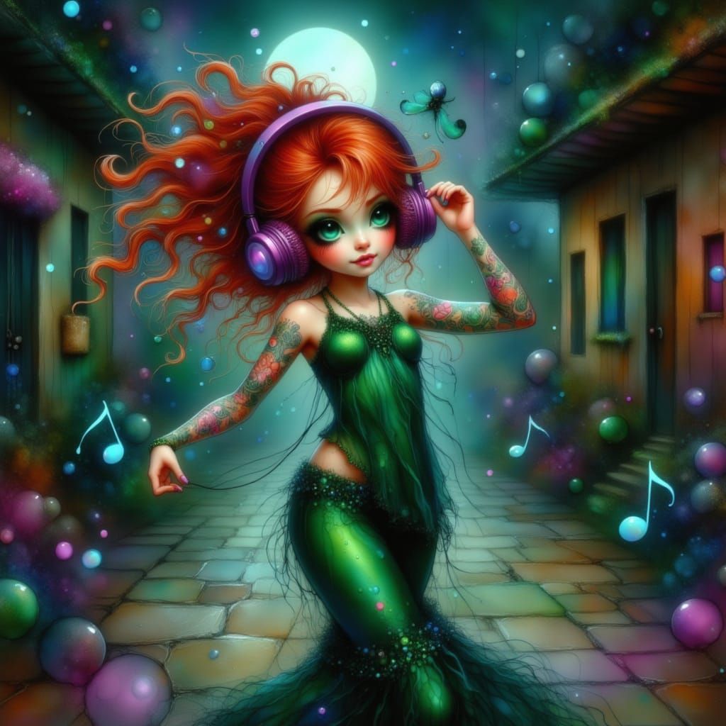 Whimsical Tattooed Girl Dances Under Moonlight with Music No...