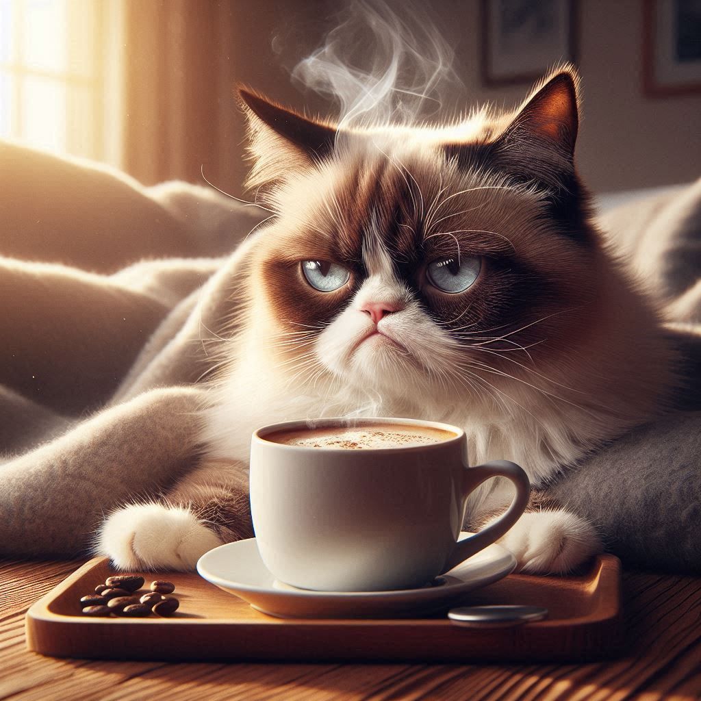 Grumpy cat enjoy her morning coffee