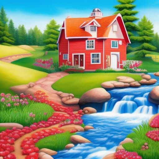 a painting of a red farmhouse by a stream
with flowers and r...
