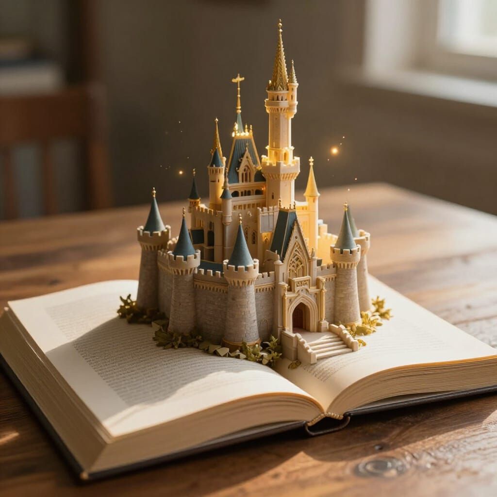 Open Book Reveals Majestic 3D Castle in Golden Hour Light