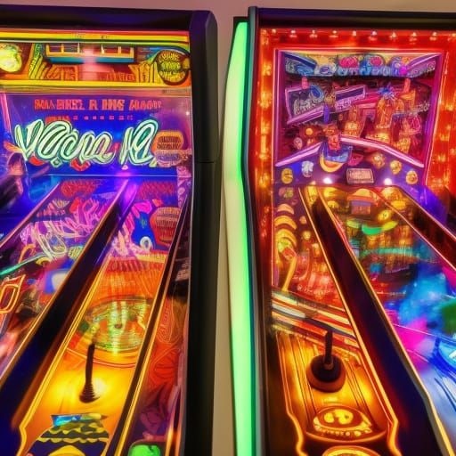 blinking neon pinball arcade room with vintage machines and high scores