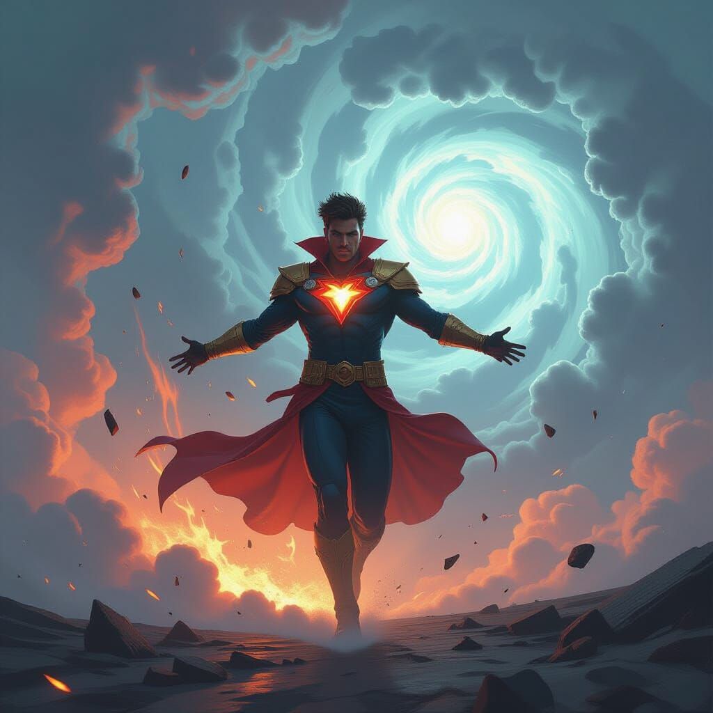 Heroic Figure Amidst Tornado in Retro Sci-Fi Style