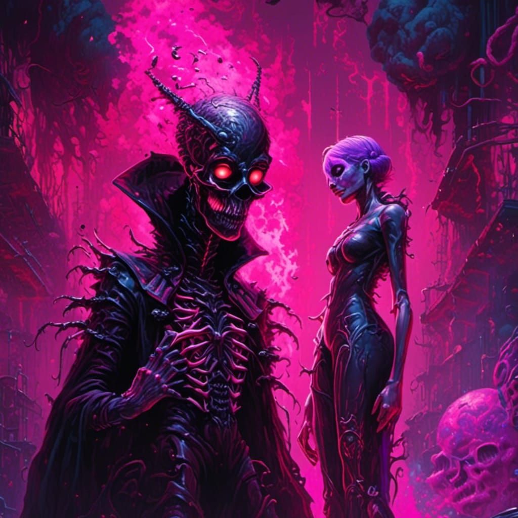 <lora:Rococo-Horrorcore:1.0> Cyborg alien standing next to a...
