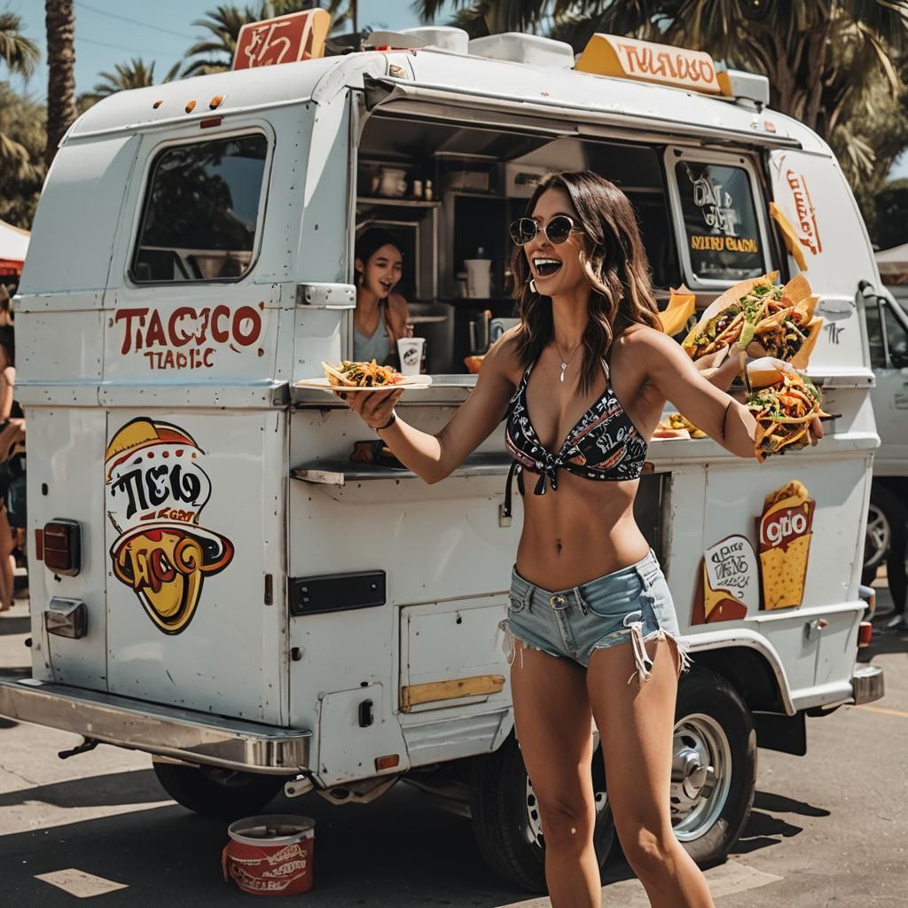 A girl in a bikini orders a taco from a taco truck.